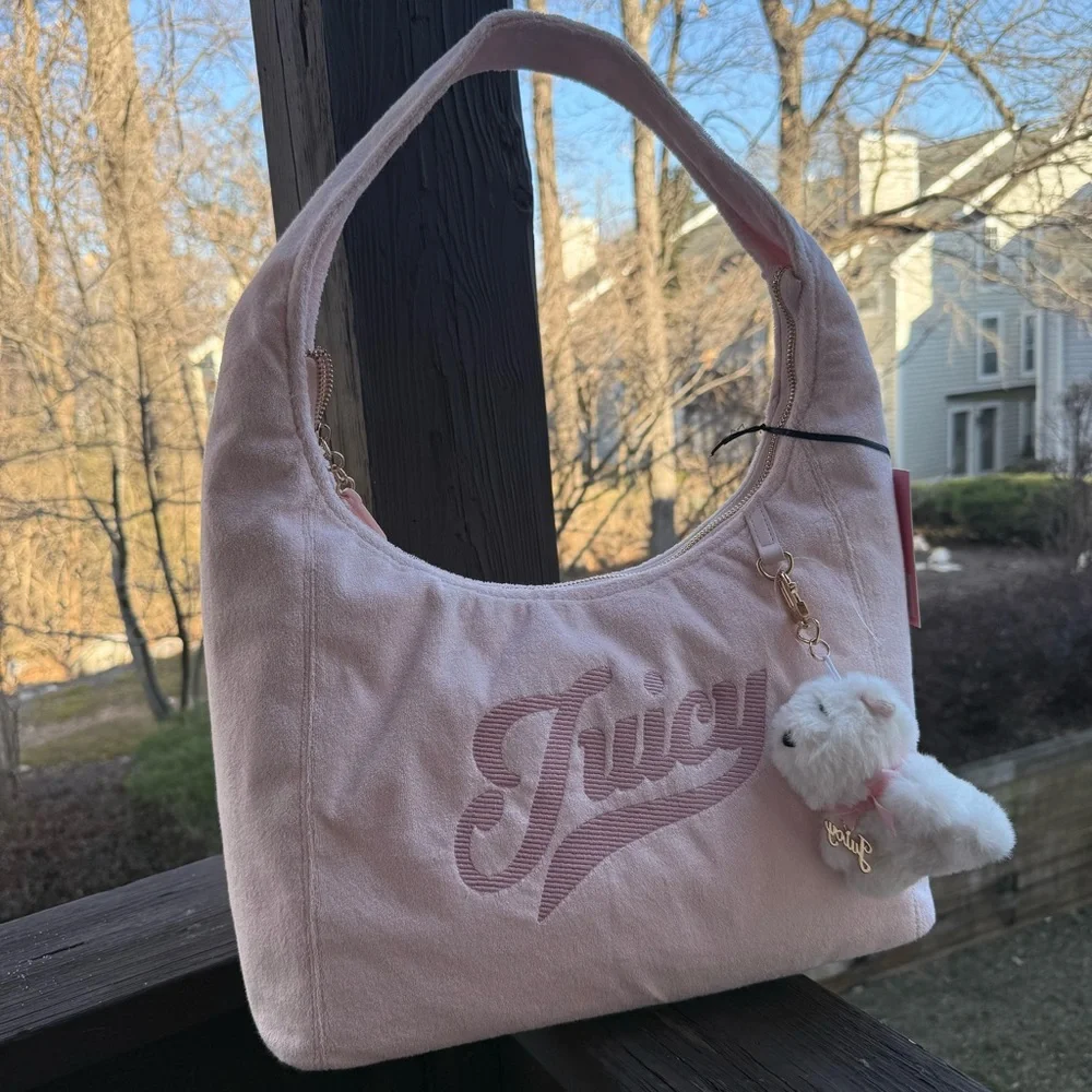 Juicy Couture Light Pink Hobo Bag with Plush Bear Charm